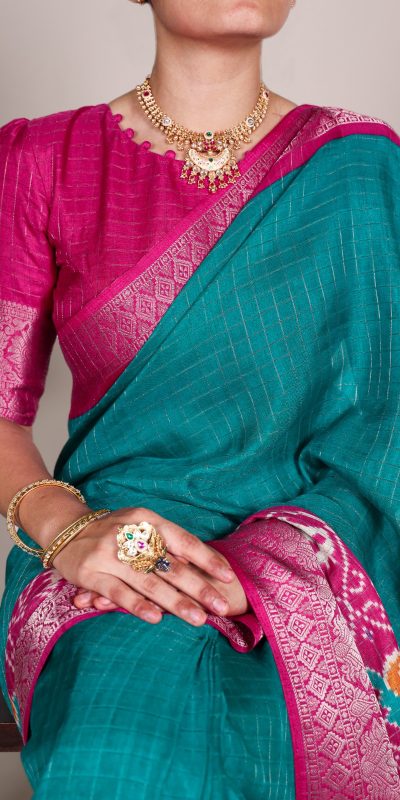 YNF 7029 Firozi Color Tussar Chex Patola Print Weaving Work Border Saree Casual, Wedding, Festive, Events . Expected Delivery  4-6 Working Days @1499/- only                                | Sarees, Bollywood Sarees, Creative Sarees, Designer Sarees, Embroidered Sarees, Ethnic Saree, Modern Digital sarees, Party Wear Sarees