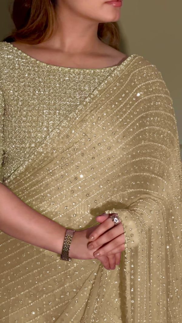 YNF 3452 Gold Color Georgette Sequins Multy Embroidery Work Saree Casual, Wedding, Festive, Events . Expected Delivery  4-6 Working Days @1799/- only                                                                                | Sarees, Bollywood Sarees, Creative Sarees, Designer Sarees, Embroidered Sarees, Ethnic Saree, Modern Digital sarees, Party Wear Sarees