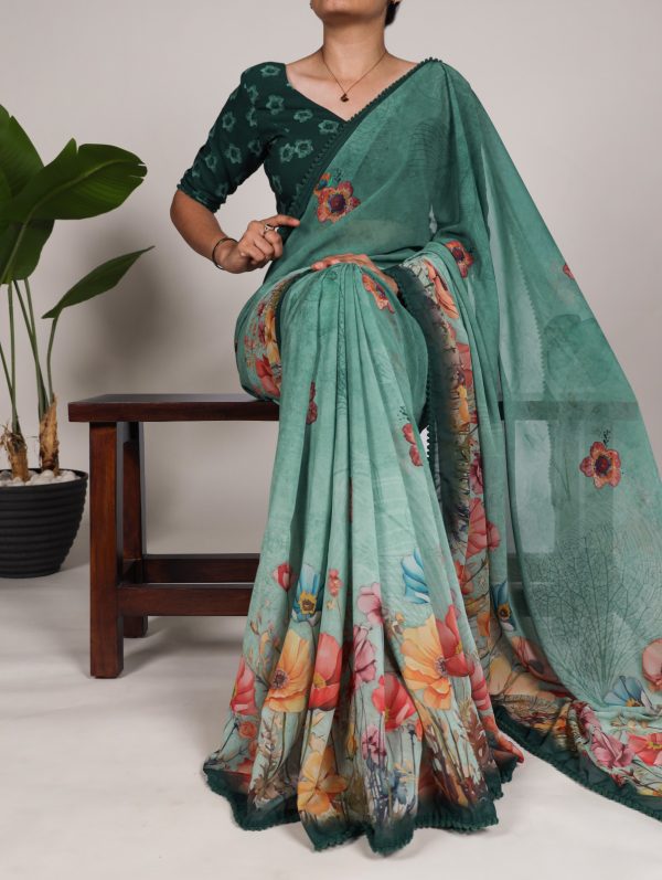 YNF 7009 Green Color Georgette Floral Print With Lace Border Saree Casual, Wedding, Festive, Events . Expected Delivery  4-6 Working Days @1299/- only                                                                                | Sarees, Bollywood Sarees, Creative Sarees, Designer Sarees, Embroidered Sarees, Ethnic Saree, Modern Digital sarees, Party Wear Sarees