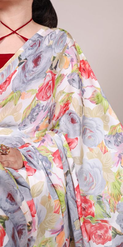 YNF 7017 Grey Color Dull Satin Floral Printed Saree Casual, Wedding, Festive, Events . Expected Delivery  4-6 Working Days @1499/- only                                                                                | Sarees, Bollywood Sarees, Creative Sarees, Designer Sarees, Embroidered Sarees, Ethnic Saree, Modern Digital sarees, Party Wear Sarees