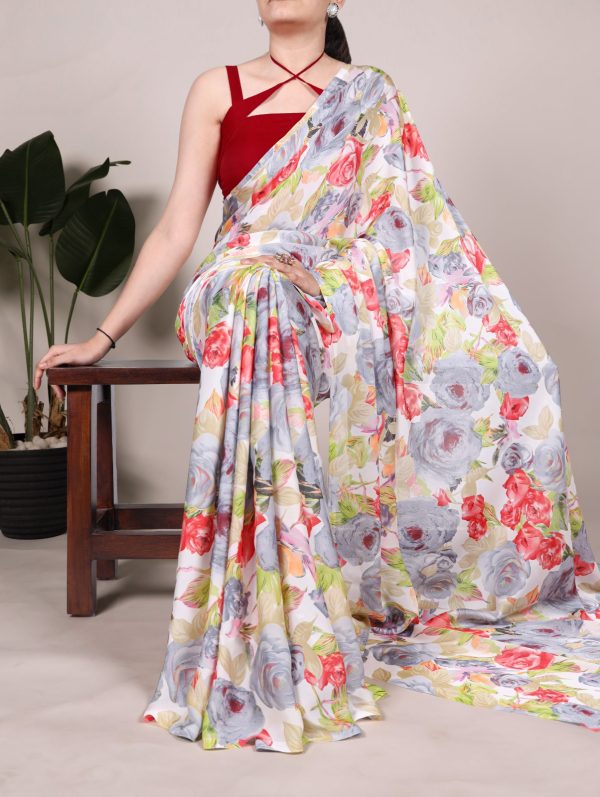 YNF 7017 Grey Color Dull Satin Floral Printed Saree Casual, Wedding, Festive, Events . Expected Delivery  4-6 Working Days @1499/- only                                                                                | Sarees, Bollywood Sarees, Creative Sarees, Designer Sarees, Embroidered Sarees, Ethnic Saree, Modern Digital sarees, Party Wear Sarees