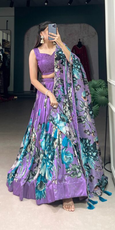 LNB 1225 Lavender Color Tasar Silk Floral Print With Lace Touch Up Lehenga Choli Wedding, Party, Festive, Events Etc. Delivery 4-6 Working Days Rs 2449 | Lehenga, Bollywood Lehenga, Creative Lehenga, Designer Lehenga, Embroidered Lehenga, Party Wear Lehenga