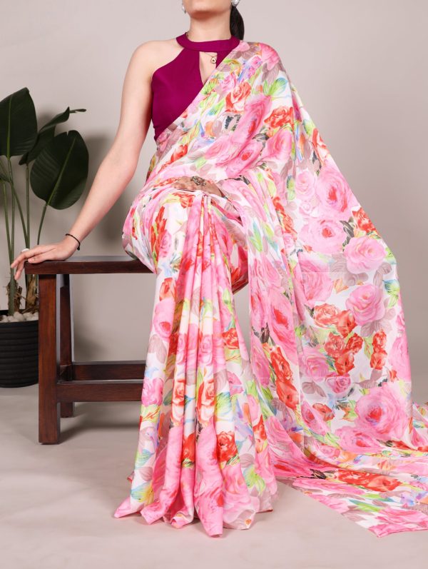 YNF 7017 Light Pink Color Dull Satin Floral Printed Saree Casual, Wedding, Festive, Events . Expected Delivery  4-6 Working Days @1499/- only                                                                                | Sarees, Bollywood Sarees, Creative Sarees, Designer Sarees, Embroidered Sarees, Ethnic Saree, Modern Digital sarees, Party Wear Sarees