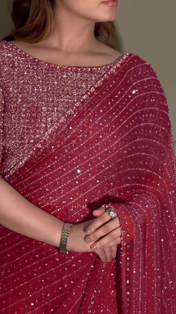 YNF 3452 Maroon Color Georgette Sequins Multy Embroidery Work Saree Casual, Wedding, Festive, Events . Expected Delivery  4-6 Working Days @1799/- only                                                                                | Sarees, Bollywood Sarees, Creative Sarees, Designer Sarees, Embroidered Sarees, Ethnic Saree, Modern Digital sarees, Party Wear Sarees
