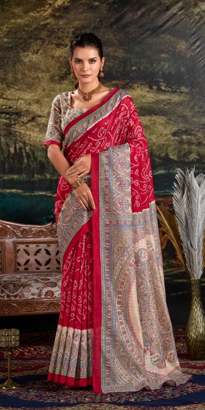YNF 7209 Maroon Color Green Silk Fusion Print Madhubani Bandhej Saree Casual, Wedding, Festive, Events . Expected Delivery  4-6 Working Days @1499/- only                                                                                | Sarees, Bollywood Sarees, Creative Sarees, Designer Sarees, Embroidered Sarees, Ethnic Saree, Modern Digital sarees, Party Wear Sarees