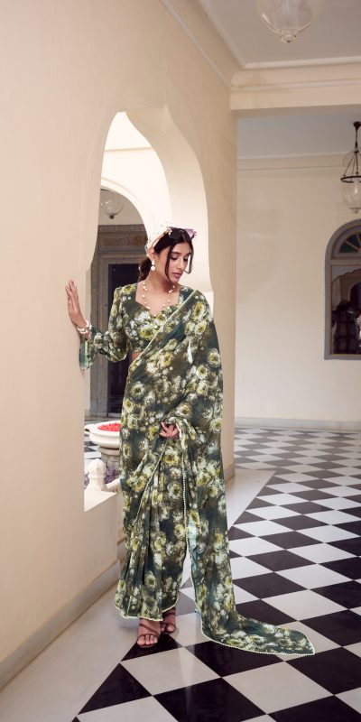 YNF 7042 Mehandi Color Weightless Marbal Floral Printed Lace Border Saree Casual, Wedding, Festive, Events . Expected Delivery  4-6 Working Days @1549/- only                                                                                | Sarees, Bollywood Sarees, Creative Sarees, Designer Sarees, Embroidered Sarees, Ethnic Saree, Modern Digital sarees, Party Wear Sarees