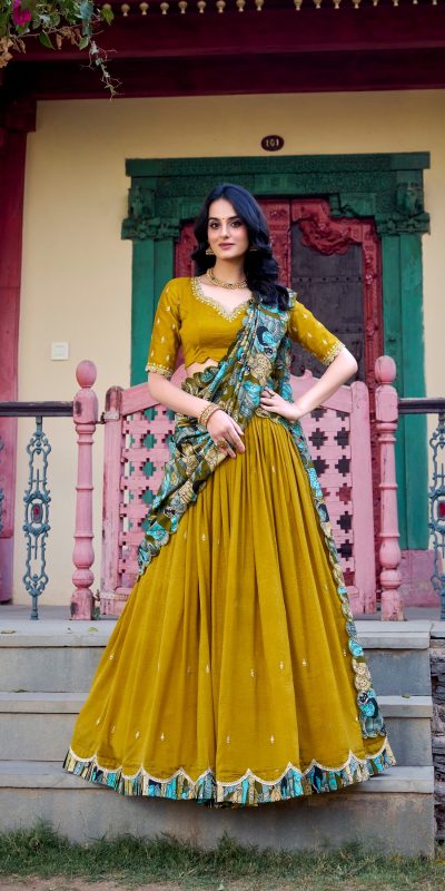 LNB 1237 Mustard Color Vichitra Sequins and Embroidery Work Kalamkari Lehenga Choli Wedding, Party, Festive, Events Etc. Delivery 4-6 Working Days Rs 3299 | Lehenga, Bollywood Lehenga, Creative Lehenga, Designer Lehenga, Embroidered Lehenga, Party Wear Lehenga