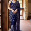 Navy Blue Georgette Embroidery Work Saree