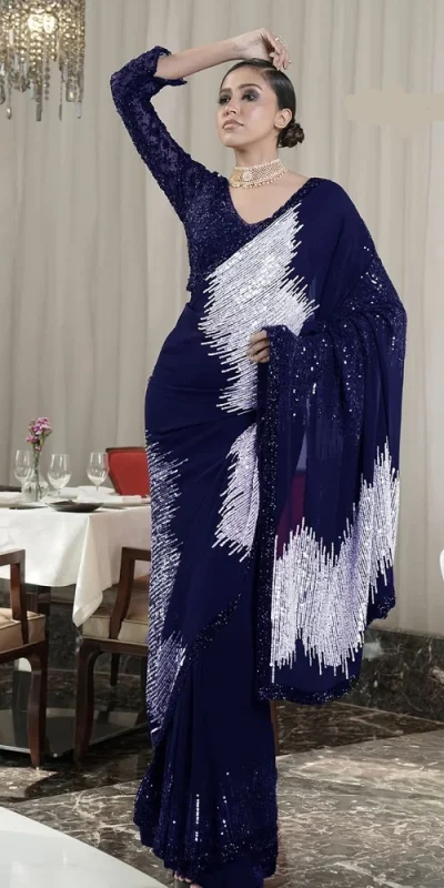 DF 3424 Navy Blue Color Georgette Heavy 5MM Sequins embroidery Work Saree Casual, Wedding, Festive, Events . Expected Delivery  4-6 Working Days @1749/- only                                                 | Sarees, Bollywood Sarees, Creative Sarees, Designer Sarees, Embroidered Sarees, Ethnic Saree, Modern Digital sarees, Party Wear Sarees