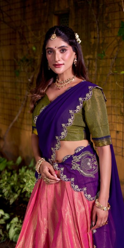 LNB 2009 Navy Blue Elevate your style with the Navy Blue Kanchipuram Weaving Lehenga Choli, featuring stunning zari work and a comfortable drawstring fit. | Lehenga, Bollywood Lehenga, Creative Lehenga, Designer Lehenga, Embroidered Lehenga, Party Wear Lehenga