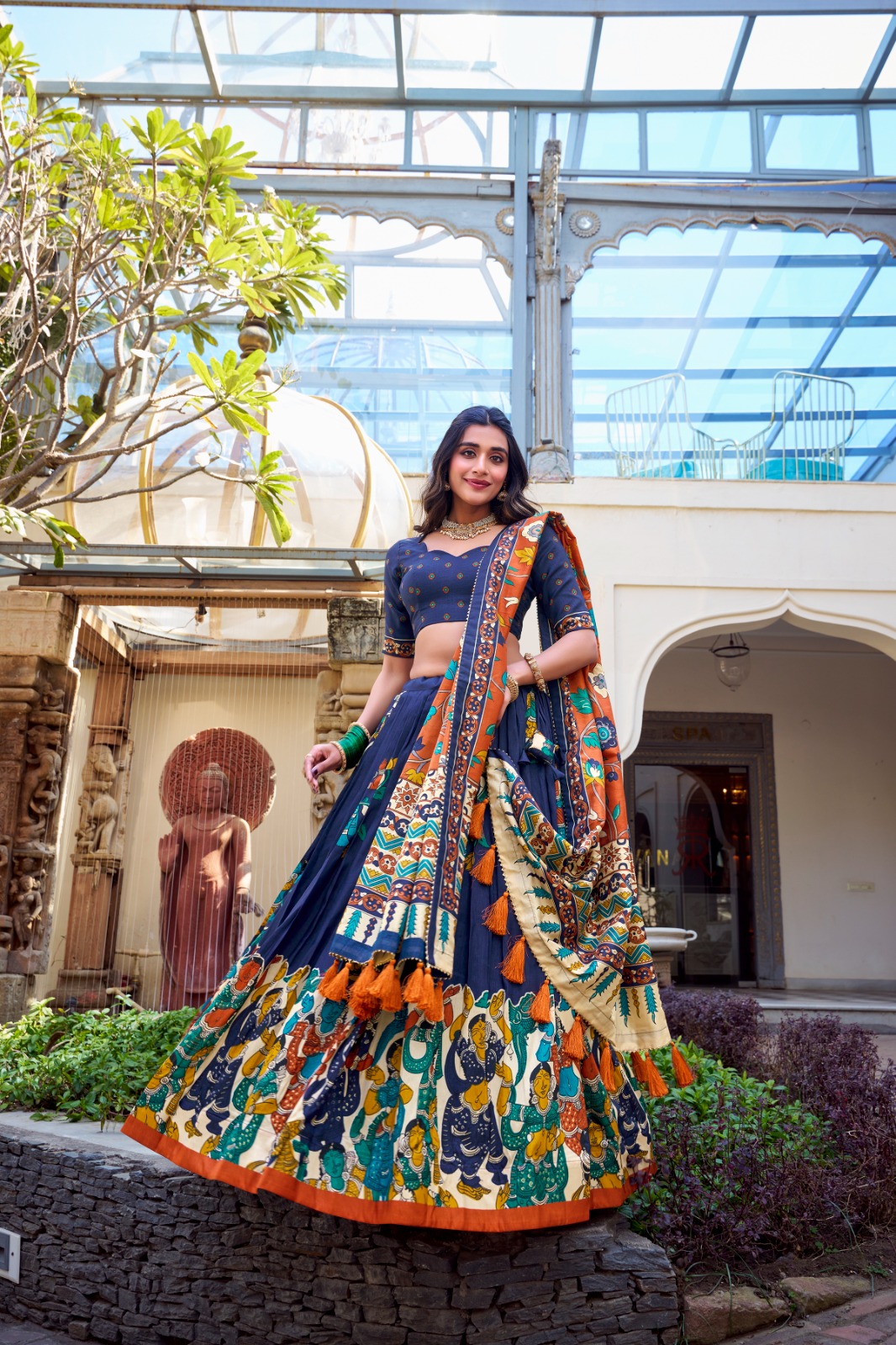 Navy Blue Tasar Silk Kalamkari Print With Foil Work Lehenga Choli