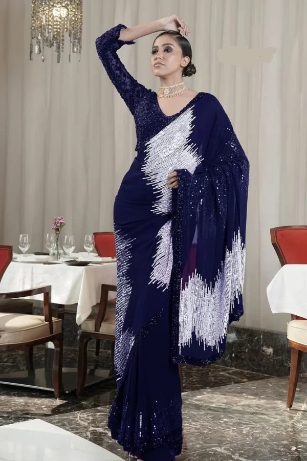 Navy Blue Georgette Sequins Work Saree