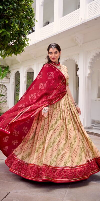 LNB 1250 Off White Color Tasar Silk Bandhej Print With Gotta Patti Lace Lehenga Choli Festive Party Wedding, Events etc. Delivery 4-6 Working Days @2149/- | Lehenga, Bollywood Lehenga, Creative Lehenga, Designer Lehenga, Embroidered Lehenga, Party Wear Lehenga