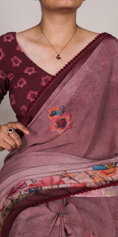 YNF 7009 Onion Color Georgette Floral Print With Lace Border Saree Casual, Wedding, Festive, Events . Expected Delivery  4-6 Working Days @1299/- only                                                                                | Sarees, Bollywood Sarees, Creative Sarees, Designer Sarees, Embroidered Sarees, Ethnic Saree, Modern Digital sarees, Party Wear Sarees