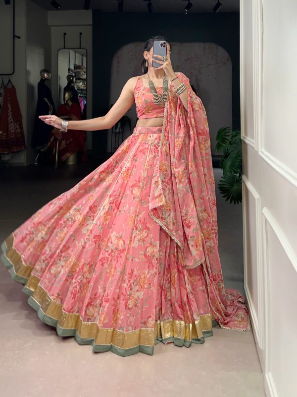 LNB 1672 Peach Color Chiffon Floral Print Foil Print Embossed Design Lehenga Choli Wedding, Party, Festive, Events Etc. Delivery 4-6 Working Days Rs 3499 | Lehenga, Bollywood Lehenga, Creative Lehenga, Designer Lehenga, Embroidered Lehenga, Party Wear Lehenga