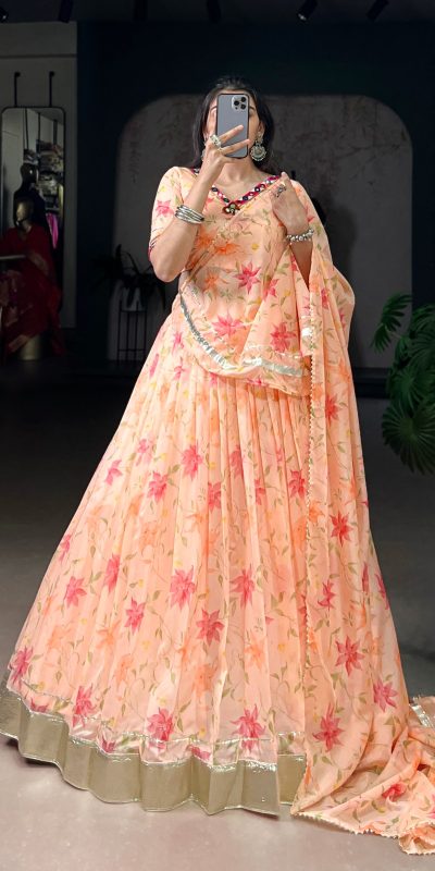 LNB 1716 Peach Color Tabby Silk Floral Print Embossed Design Lace Lehenga Choli Wedding, Party, Festive, Events Etc. Delivery 4-6 Working Days Rs 2499 | Lehenga, Bollywood Lehenga, Creative Lehenga, Designer Lehenga, Embroidered Lehenga, Party Wear Lehenga