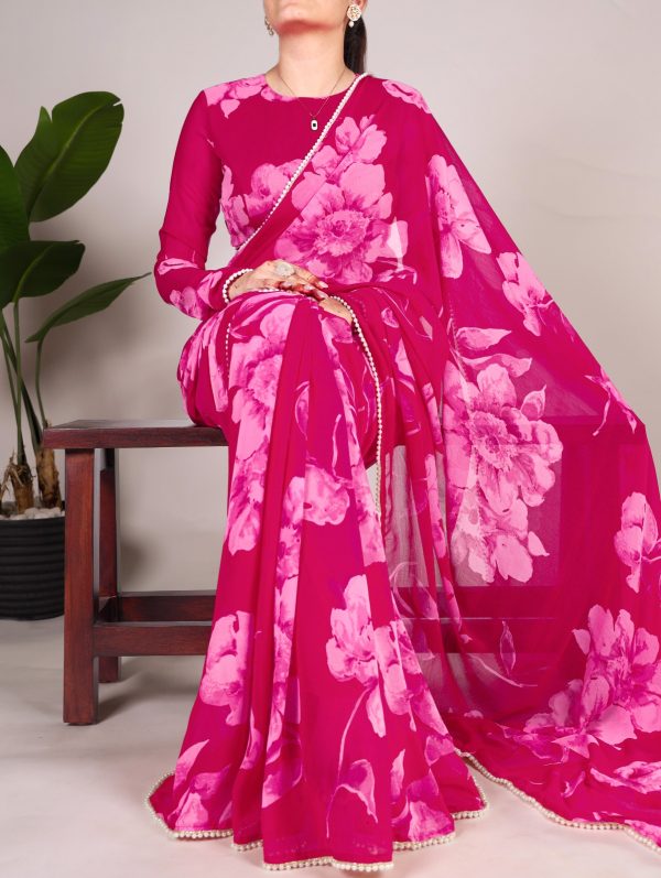 YNF 7011 Pink Color Chiffon Foral Printed Pearl Lace Border Saree Casual, Wedding, Festive, Events . Expected Delivery  4-6 Working Days @1499/- only                                                                                | Sarees, Bollywood Sarees, Creative Sarees, Designer Sarees, Embroidered Sarees, Ethnic Saree, Modern Digital sarees, Party Wear Sarees