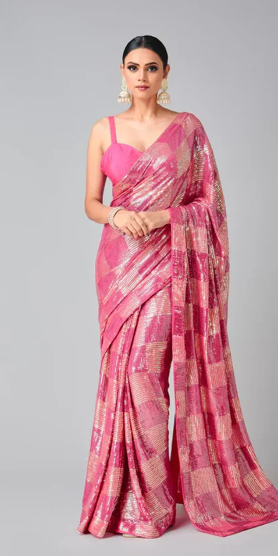 DF 3426 Pink Color Georgette 5MM Sequins Embroidery Work Saree Casual, Wedding, Festive, Events . Expected Delivery  4-6 Working Days @1749/- only                                                 | Sarees, Bollywood Sarees, Creative Sarees, Designer Sarees, Embroidered Sarees, Ethnic Saree, Modern Digital sarees, Party Wear Sarees