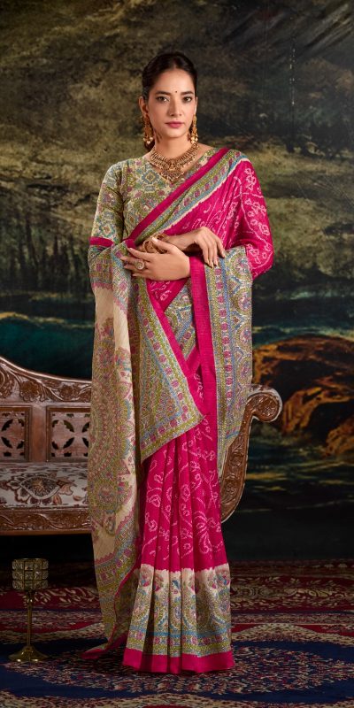 YNF 7209 Pink Color Green Silk Fusion Print Madhubani Bandhej Saree Casual, Wedding, Festive, Events . Expected Delivery  4-6 Working Days @1499/- only                                                                                | Sarees, Bollywood Sarees, Creative Sarees, Designer Sarees, Embroidered Sarees, Ethnic Saree, Modern Digital sarees, Party Wear Sarees