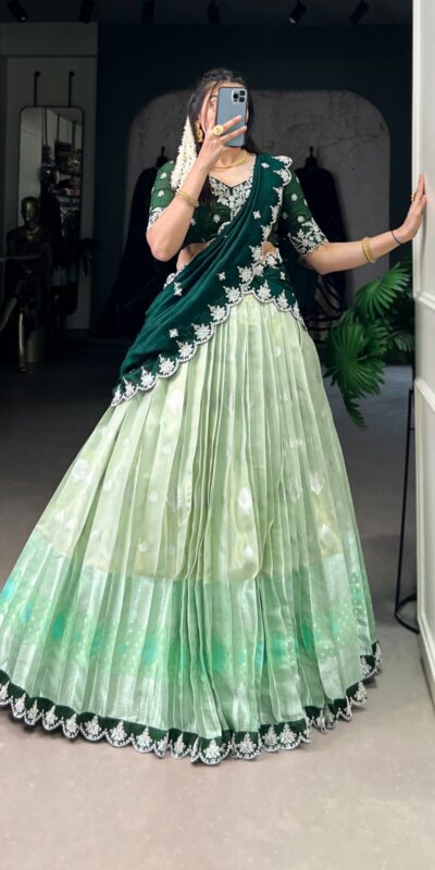 LNB 2024 Pista Color Zari Kota Weaving Work Sequins Thread Embroidery Lehenga Choli Festive Party Wedding, Events etc. Delivery 4-6 Working Days @2999/- | Lehenga, Bollywood Lehenga, Creative Lehenga, Designer Lehenga, Embroidered Lehenga, Party Wear Lehenga