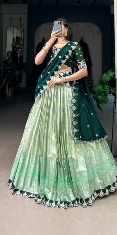 LNB 2024 Pista Color Zari Kota Weaving Work Sequins Thread Embroidery Lehenga Choli Festive Party Wedding, Events etc. Delivery 4-6 Working Days @2999/- | Lehenga, Bollywood Lehenga, Creative Lehenga, Designer Lehenga, Embroidered Lehenga, Party Wear Lehenga