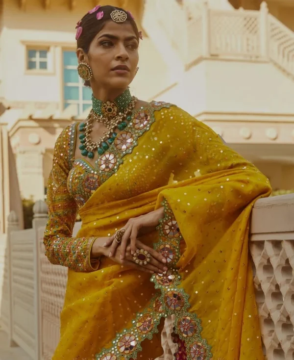 Yellow Georgette Sequence Print Saree