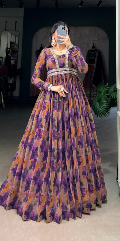 YNF 5019 Purple Color Georgette Floral print with Lace Border Gown Casual, Wedding, Festive, Events . Expected Delivery  4-6 Working Days @1799/- only      | Gowns, Bollywood Gowns, Creative Gowns, Designer Gowns, Embroidered Gowns, Party Wear Gowns