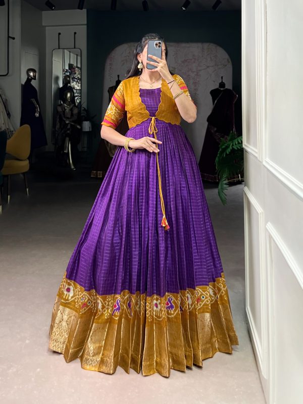 YNF 5028 Purple Color Tasar Chex Patola With Weaving Work Border Gown Casual, Wedding, Festive, Events . Expected Delivery  4-6 Working Days @1799/- only      | Gowns, Bollywood Gowns, Creative Gowns, Designer Gowns, Embroidered Gowns, Party Wear Gowns