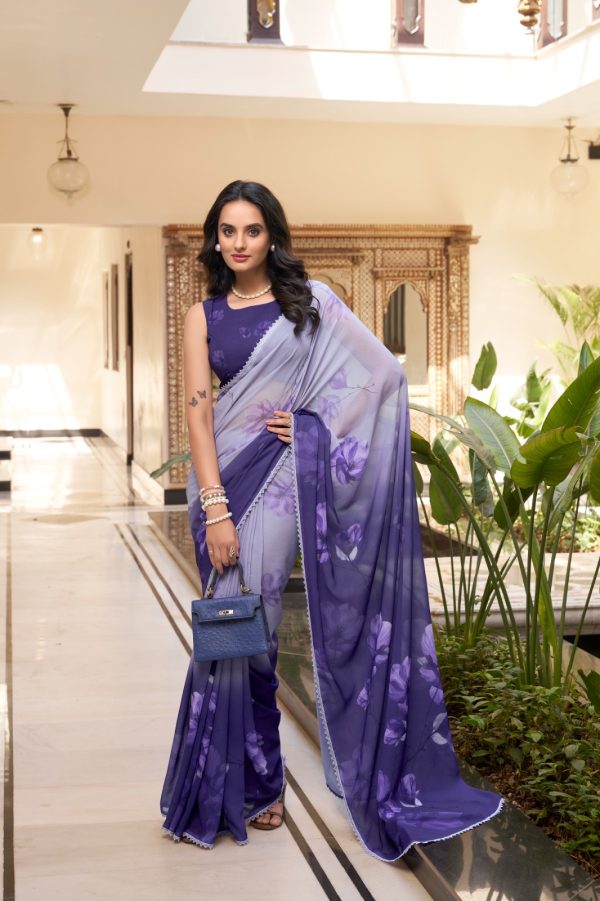 YNF 7038 Purple Color Weightless Marbal Floral Printed Lace Border Saree Casual, Wedding, Festive, Events . Expected Delivery  4-6 Working Days @1549/- only                                                                                | Sarees, Bollywood Sarees, Creative Sarees, Designer Sarees, Embroidered Sarees, Ethnic Saree, Modern Digital sarees, Party Wear Sarees