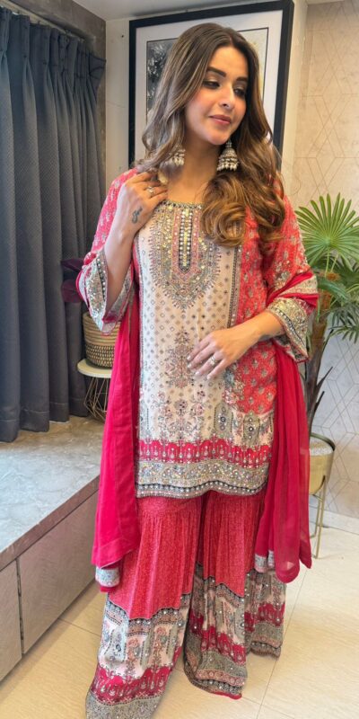 BE 387 Red Color Chinon Printed With Real Mirror Work Salwar Suit Casual, Wedding, Festive, Events . Expected Delivery 4-6 Working Days @1899/- only | Jump Suits, Salwar suit, Casual Suits, Creative suits, Designer Suits, Palazzo Suits, Party Wear Suits, Patiala Suits, Straight Suits