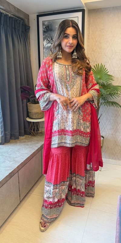 BE 387 Sky Red Roman Silk Sequence Embroidery Roman Silk Sequence Embroidery Work Salwar Suit Casual, Wedding, Festive, Events . Expected Delivery  4-6 Working Days @1949/- only      | Jump Suits, Salwar suit, Casual Suits, Creative suits, Designer Suits, Palazzo Suits, Party Wear Suits, Patiala Suits, Straight Suits