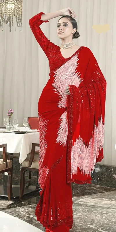 DF 3424 Red Color Georgette Heavy 5MM Sequins embroidery Work Saree Casual, Wedding, Festive, Events . Expected Delivery  4-6 Working Days @1749/- only                                                 | Sarees, Bollywood Sarees, Creative Sarees, Designer Sarees, Embroidered Sarees, Ethnic Saree, Modern Digital sarees, Party Wear Sarees