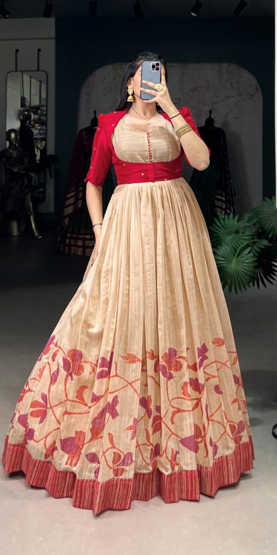 YNF 5027 Red Color Green Silk Printed Gown Casual, Wedding, Festive, Events . Expected Delivery  4-6 Working Days @1799/- only      | Gowns, Bollywood Gowns, Creative Gowns, Designer Gowns, Embroidered Gowns, Party Wear Gowns