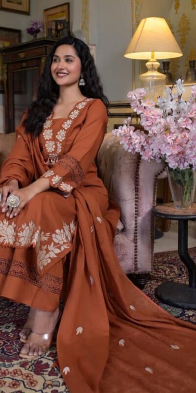 BE 385 Rust Color Rayon Slub Cotton Embroidery Wor Salwar Suit Casual, Wedding, Festive, Events . Expected Delivery 4-6 Working Days @1899/- only | Jump Suits, Salwar suit, Casual Suits, Creative suits, Designer Suits, Palazzo Suits, Party Wear Suits, Patiala Suits, Straight Suits