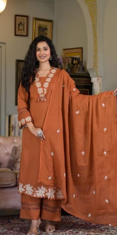BE 385 Rust Color Rayon Slub Cotton Embroidery Wor Salwar Suit Casual, Wedding, Festive, Events . Expected Delivery  4-6 Working Days @1899/- only      | Jump Suits, Salwar suit, Casual Suits, Creative suits, Designer Suits, Palazzo Suits, Party Wear Suits, Patiala Suits, Straight Suits