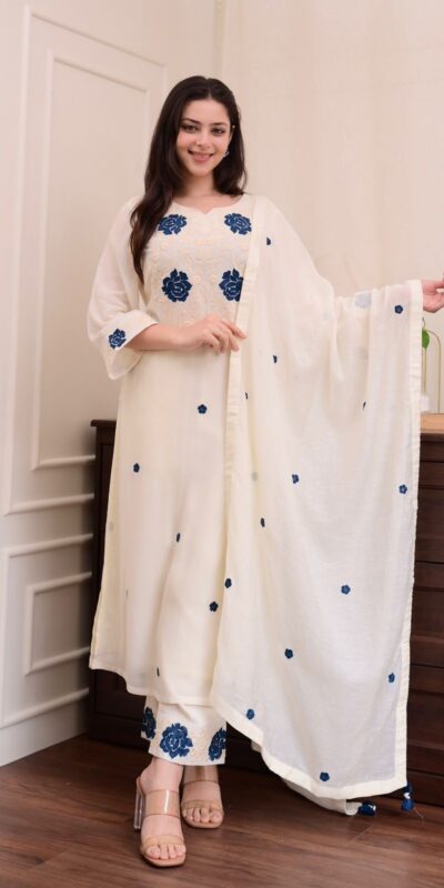 BE 382 White Color Roman Silk Embroidery Work Salwar Suit Casual, Wedding, Festive, Events . Expected Delivery  4-6 Working Days @1949/- only      | Jump Suits, Tops & Bottoms, Track Suits, Salwar suit, Casual Suits, Creative suits, Designer Suits, Palazzo Suits, Party Wear Suits, Patiala Suits, Straight Suits, Trendy Wear