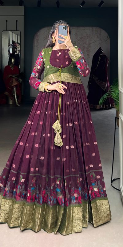 YNF 5031 Wine Color Poly Cotton Kalamkari Print Zari Weaving Work Gown Casual, Wedding, Festive, Events . Expected Delivery  4-6 Working Days @1999/- only      | Gowns, Bollywood Gowns, Creative Gowns, Designer Gowns, Embroidered Gowns, Party Wear Gowns