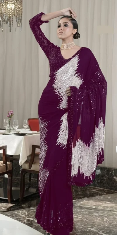 DF 3424 Wine Color Georgette Heavy 5MM Sequins embroidery Work Saree Casual, Wedding, Festive, Events . Expected Delivery  4-6 Working Days @1749/- only                                                 | Sarees, Bollywood Sarees, Creative Sarees, Designer Sarees, Embroidered Sarees, Ethnic Saree, Modern Digital sarees, Party Wear Sarees