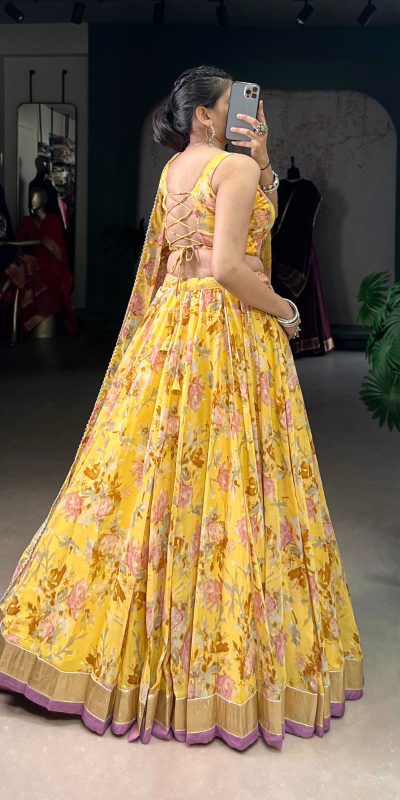 LNB 1672 Yellow Color Chiffon Floral Print Foil Print Embossed Design Lehenga Choli Wedding, Party, Festive, Events Etc. Delivery 4-6 Working Days Rs 3499 | Lehenga, Bollywood Lehenga, Creative Lehenga, Designer Lehenga, Embroidered Lehenga, Party Wear Lehenga