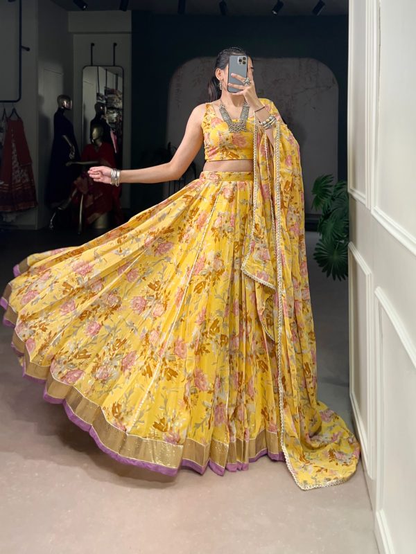 LNB 1672 Yellow Color Chiffon Floral Print Foil Print Embossed Design Lehenga Choli Wedding, Party, Festive, Events Etc. Delivery 4-6 Working Days Rs 3499 | Lehenga, Bollywood Lehenga, Creative Lehenga, Designer Lehenga, Embroidered Lehenga, Party Wear Lehenga