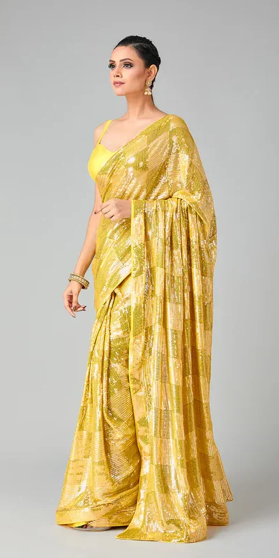 DF 3426 Yellow Color Georgette 5MM Sequins Embroidery Work Saree Casual, Wedding, Festive, Events . Expected Delivery 4-6 Working Days @1749/- only | Sarees, Bollywood Sarees, Creative Sarees, Designer Sarees, Embroidered Sarees, Ethnic Saree, Modern Digital sarees, Party Wear Sarees