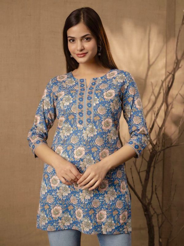 INLI Blush 2.0 Blue Cotton Printed Designer Work Kurti in . Wedding, Party, Festive, Events, Special Price ₹1269. Delivery 4-6 Working Days. Shop now. | Kurti, Bollywood Kurti, Creative Kurtis, Designer Kurti, Party Wear Kurti, Selfie Kurti
