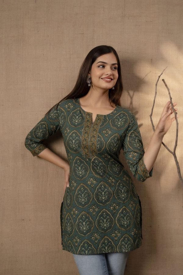 INLI Blush 2.0 Bottle Green Cotton Printed Designer Work Kurti in Wedding, Party, Festive, Events, Special Price ₹1269. Delivery 4-6 Working Days. Shop now. | Kurti, Bollywood Kurti, Creative Kurtis, Designer Kurti, Party Wear Kurti, Selfie Kurti