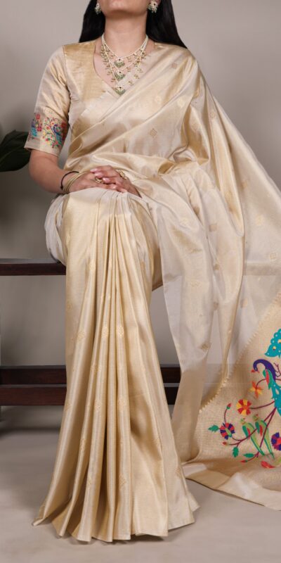 YNF 7905 Cream Tissue Paithani with Zari Work Saree .Wedding, Party, Festive, Events, Best Price ₹2399. Delivery 4-6 Working Days. Shop now. | Sarees, Bollywood Sarees, Creative Sarees, Designer Sarees, Embroidered Sarees, Ethnic Saree, Modern Digital sarees, Party Wear Sarees