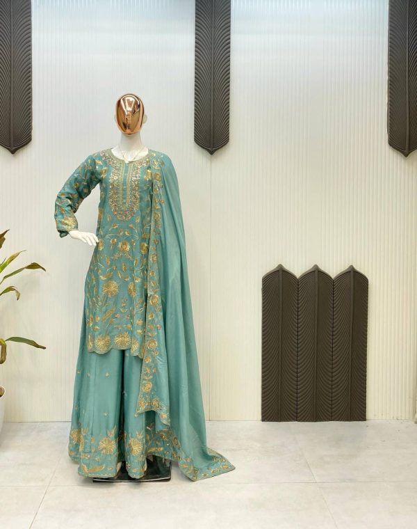 LG 1940 Firozi Chinon With Lace Work & Embroidery Work Salwar Suit . Festive Deal ₹2099. Delivery 4-6 Working Days. Shop now. | Jump Suits, Salwar suit, Casual Suits, Creative suits, Designer Suits, Palazzo Suits, Party Wear Suits, Patiala Suits, Straight Suits