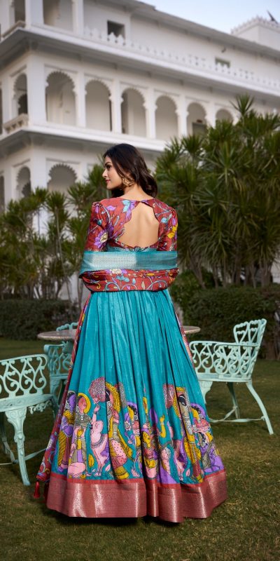 LNB 1231 Firozi Dola Silk Jacquard Silk Kalamkari Print & Zari Work Lehenga Choli in Best Price ₹1899. Delivery 4-6 Working Days. Shop now. | Lehenga, Bollywood Lehenga, Creative Lehenga, Designer Lehenga, Embroidered Lehenga, Party Wear Lehenga