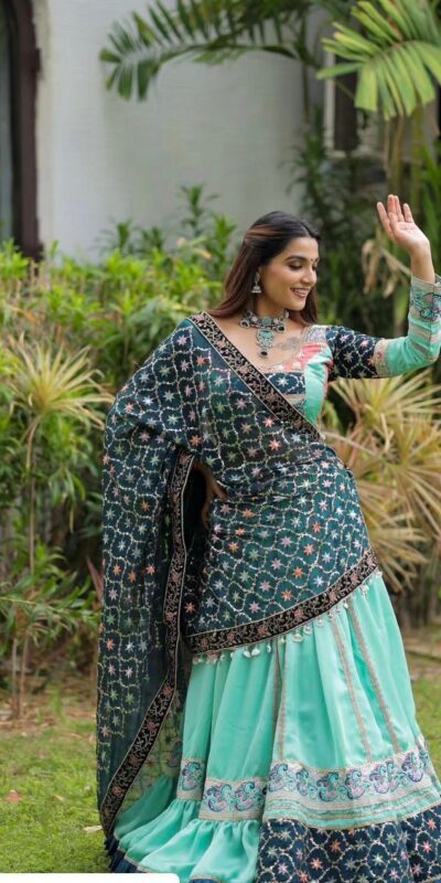 KF 1597 Firozi Silk with Cowrie Work & Embroidery Work Lehenga Choli . Grab it for ₹2599. Delivery 4-6 Working Days. Shop now. | Lehenga, Bollywood Lehenga, Creative Lehenga, Designer Lehenga, Embroidered Lehenga, Party Wear Lehenga