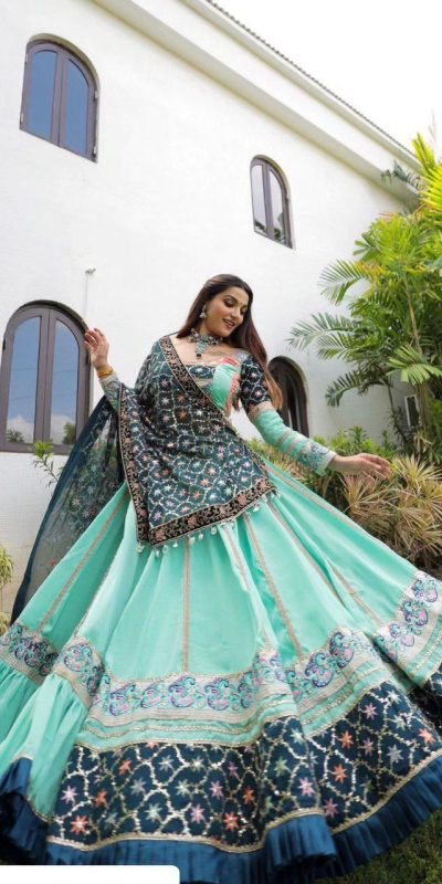 KF 1597 Firozi Silk with Cowrie Work & Embroidery Work Lehenga Choli . Grab it for ₹2599. Delivery 4-6 Working Days. Shop now. | Lehenga, Bollywood Lehenga, Creative Lehenga, Designer Lehenga, Embroidered Lehenga, Party Wear Lehenga