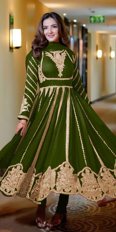 NSR 817 Green in Faux Georgette With Full Heavy Embroidery & Lace Work Gown . Festive Deal ₹1949. Wedding, Party, Festive, Events Delivery 4-6 Days | Gowns, Bollywood Gowns, Creative Gowns, Designer Gowns, Embroidered Gowns, Party Wear Gowns