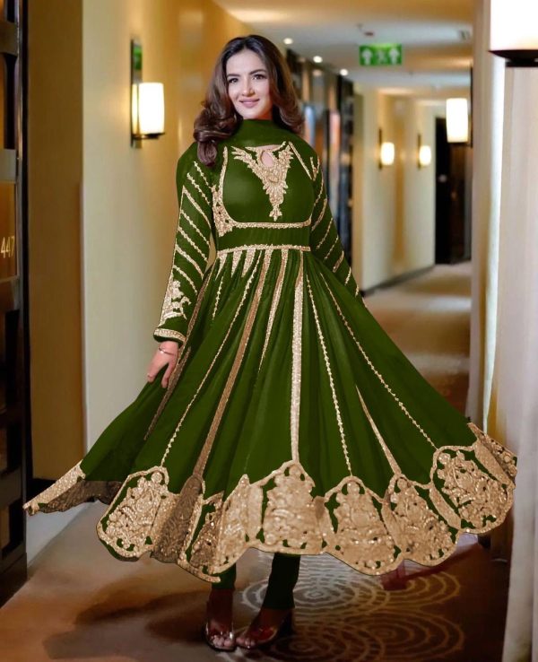 NSR 817 Green in Faux Georgette With Full Heavy Embroidery & Lace Work Gown . Festive Deal ₹1949. Wedding, Party, Festive, Events Delivery 4-6 Days | Gowns, Bollywood Gowns, Creative Gowns, Designer Gowns, Embroidered Gowns, Party Wear Gowns